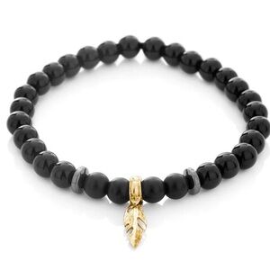 Aurum by Gudbjorg Gold Feather Charm Onyx Black Bead Stretch Bracelet